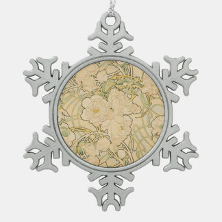 Alphonse Mucha Peonies Peony Roses Fawn 1897 Snowflake Pewter Christmas Ornament