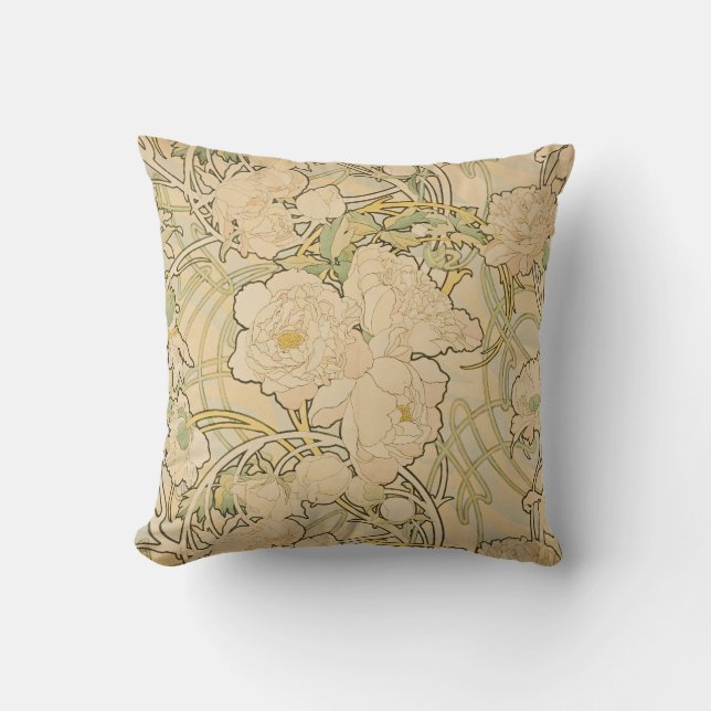 Alphonse Mucha Peonies Peony Roses Fawn 1897 Throw Pillow (Front)