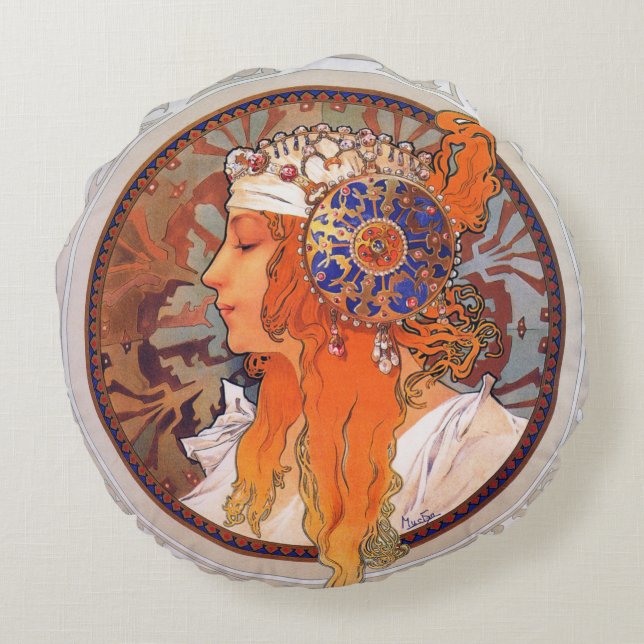 Alphonse Mucha Round Pillow (Back)