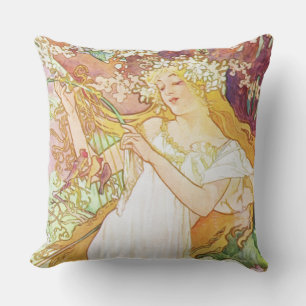 Alphonse Mucha Spring Floral Vintage Art Nouveau Throw Pillow