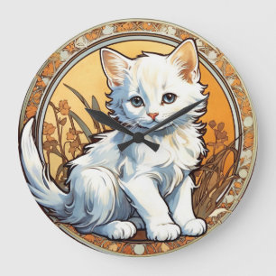 Alphonse Mucha Style Cat Large Clock