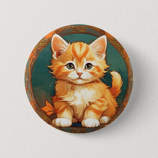 Alphonse Mucha Style Orange Cat 2 Inch Round Button (Front)