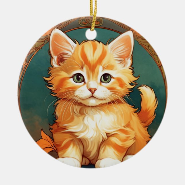 Alphonse Mucha Style Orange Cat Ceramic Ornament (Front)