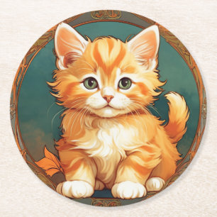 Alphonse Mucha Style Orange Cat Round Paper Coaster