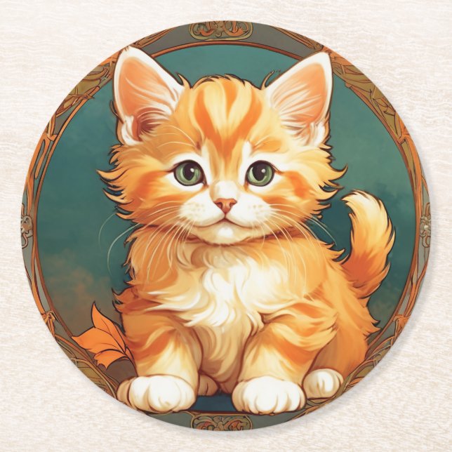 Alphonse Mucha Style Orange Cat Round Paper Coaster (Front)