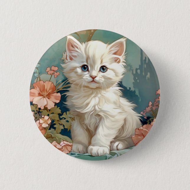 Alphonse Mucha Style White Cat 2 Inch Round Button (Front)