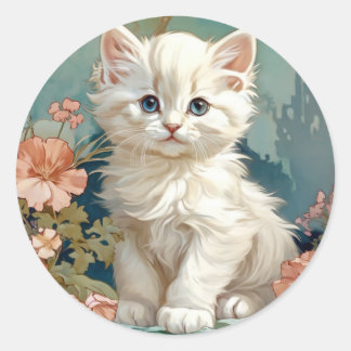 Alphonse Mucha Style White Cat Classic Round Sticker