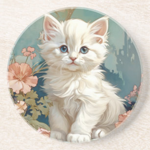 Alphonse Mucha Style White Cat Coaster