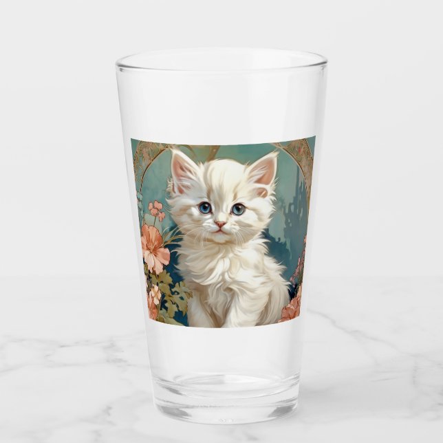 Alphonse Mucha Style White Cat Glass (Front)