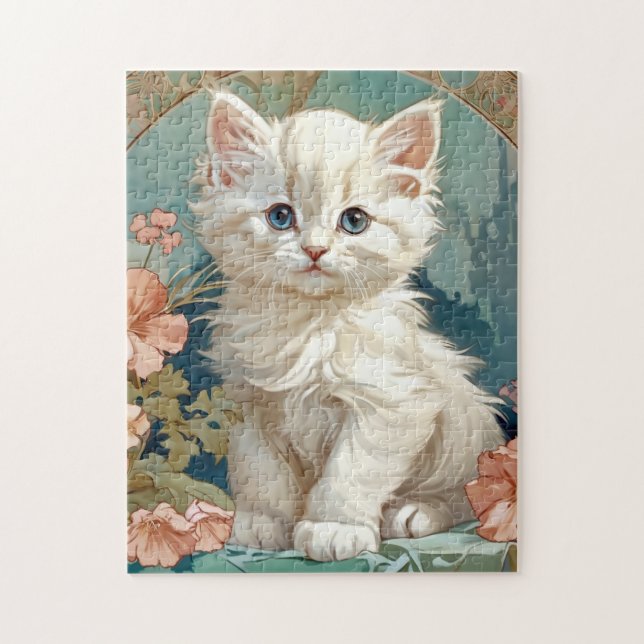 Alphonse Mucha Style White Cat Jigsaw Puzzle (Vertical)