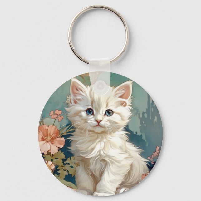 Alphonse Mucha Style White Cat Keychain (Front)