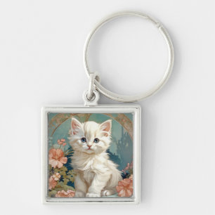 Alphonse Mucha Style White Cat Keychain