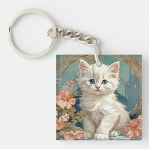 Alphonse Mucha Style White Cat Keychain