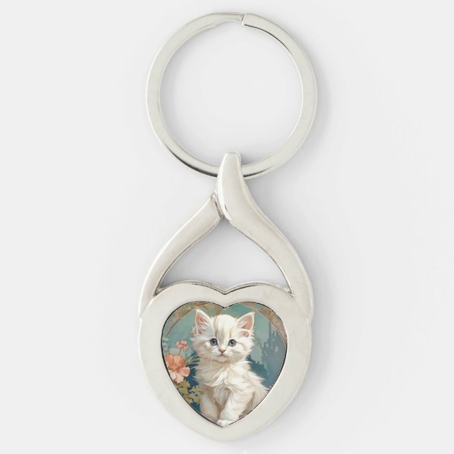 Alphonse Mucha Style White Cat Keychain (Front)