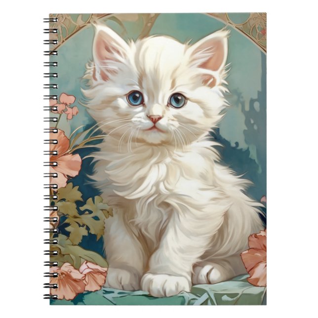 Alphonse Mucha Style White Cat Notebook (Front)