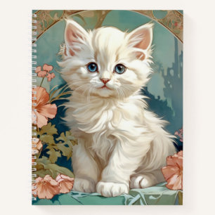 Alphonse Mucha Style White Cat Notebook