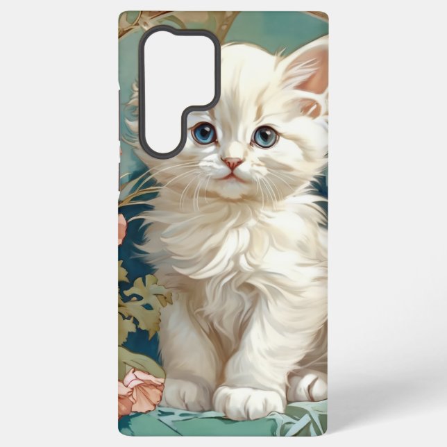 Alphonse Mucha Style White Cat Samsung Galaxy S22 Ultra Case (Back)