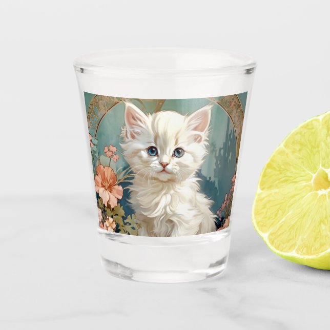 Alphonse Mucha Style White Cat Shot Glass (Front)