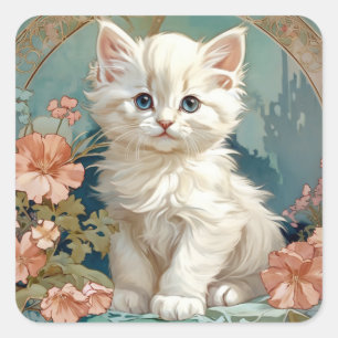 Alphonse Mucha Style White Cat Square Sticker