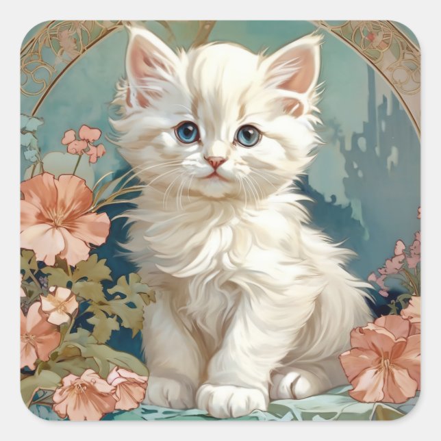 Alphonse Mucha Style White Cat Square Sticker (Front)