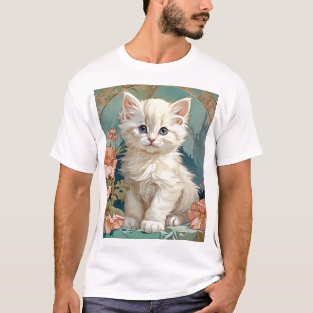 Alphonse Mucha Style White Cat T-Shirt (Front)
