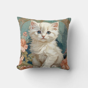 Alphonse Mucha Style White Cat Throw Pillow