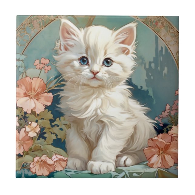 Alphonse Mucha Style White Cat Tile (Front)