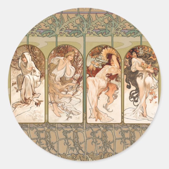 Alphonse Mucha The Seasons 1897 Art Nouveau Classic Round Sticker (Front)