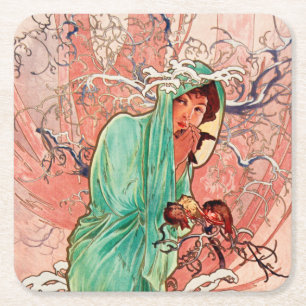 Alphonse Mucha, The Seasons, Winter (1896)  Square Paper Coaster