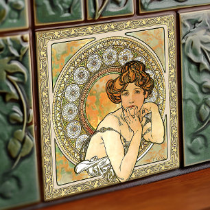 Alphonse Mucha Topaz Gold Art Nouveau Vintage Tile