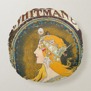 Alphonse Mucha Vintage Whitman's Ad Round Pillow