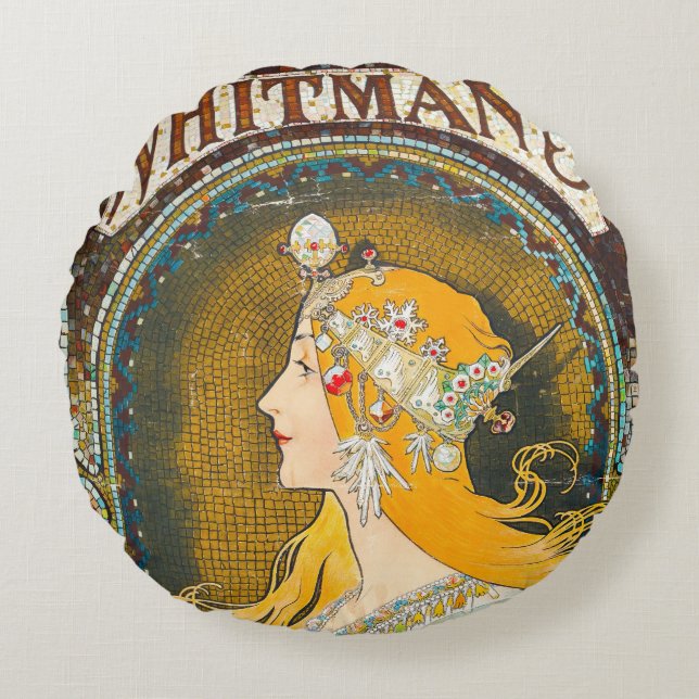 Alphonse Mucha Vintage Whitman's Ad Round Pillow (Front)