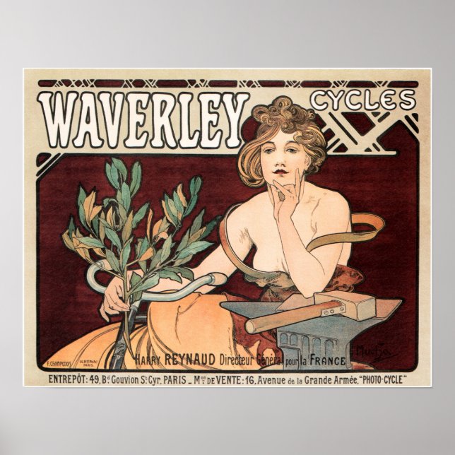 Alphonse Mucha Waverly Cycles Vintage Poster Art (Front)