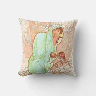 Alphonse Mucha Winter Vintage Art Nouveau Painting Throw Pillow