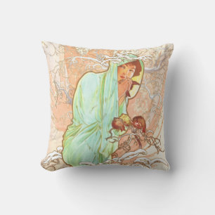 Alphonse Mucha Winter Vintage Art Nouveau Painting Throw Pillow