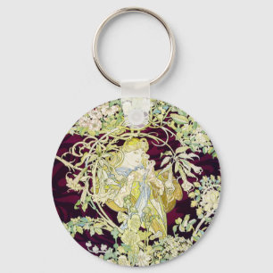 Alphonse Mucha Woman with Daisy Art Nouveau Art Keychain