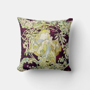 Alphonse Mucha Woman with Daisy Art Nouveau Art Throw Pillow