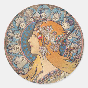 Alphonse Mucha , “Zodiac” Classic Round Sticker