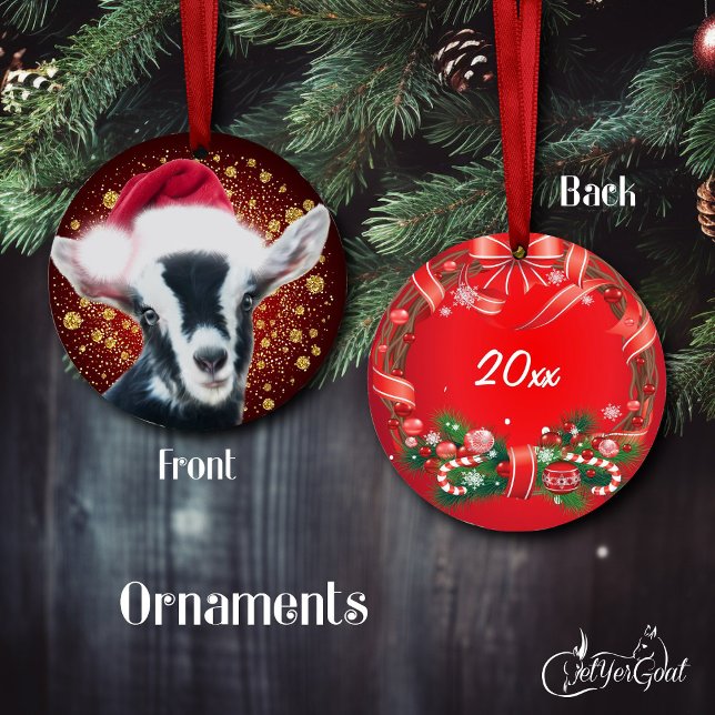 Alpine Baby Dairy Goat Santa Hat Christmas Ceramic Ornament (Oil painting of a cute Nigerian Dwarf baby goat in a Santa Hat - with gold snowflakes - #zazzlemade )