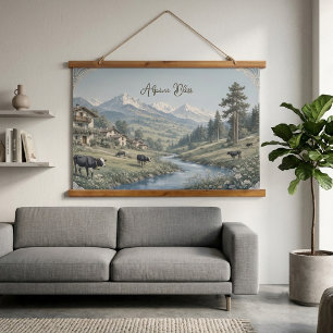 Alpine Bliss White Blue Snow-clad Mountain Meadows Hanging Tapestry