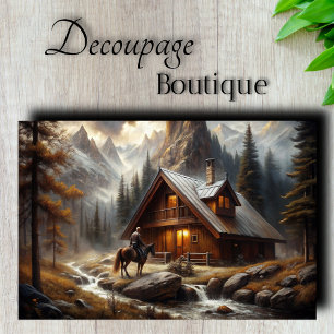 Alpine Cabin Horseback Snowy Scene Decoupage Tissue Paper