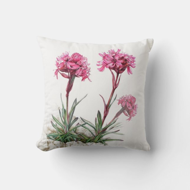 Alpine catchfly watercolor art throw pillow (Front)