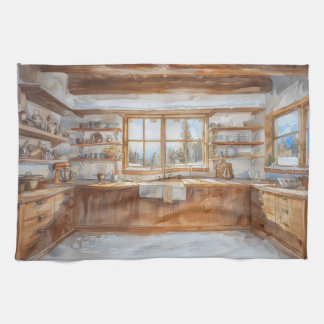 Alpine Chalet Kitchen with Snowy Mountain View Kitchen Towel