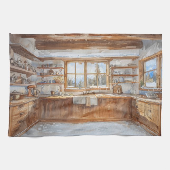 Alpine Chalet Kitchen with Snowy Mountain View Towel (Horizontal)