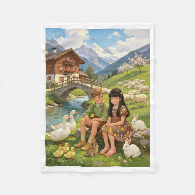 Alpine Children and Farm Animals Fleece Blanket (Front)