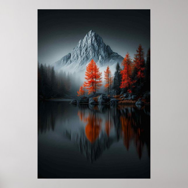 Alpine Contrast: Fiery Pines at the Lake Poster (Front)