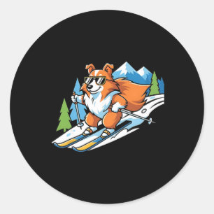 Alpine Corgi On Skis Cool Sungles Winter Scene  Classic Round Sticker