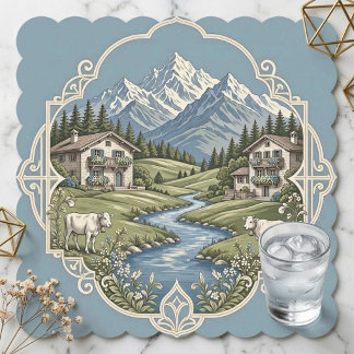 Alpine Country Grazing Cows Rustic Mountains Snow Paper Coaster