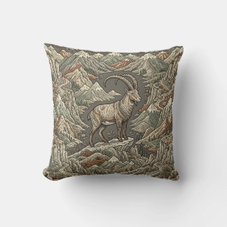 Alpine Ibex Craggy Mountains Throw Pillow