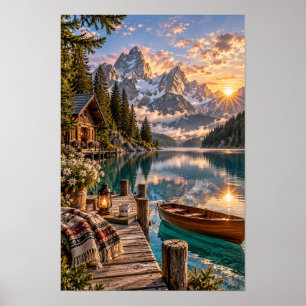 Alpine Lake Cabin Sunrise Mountain Wall Art